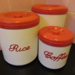 Vintage 1930s Nally Bakelite Canister Large Rice in Cream with Red Lid